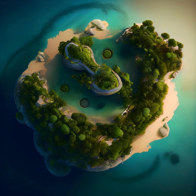 Island view from above, view from sky, water ocean