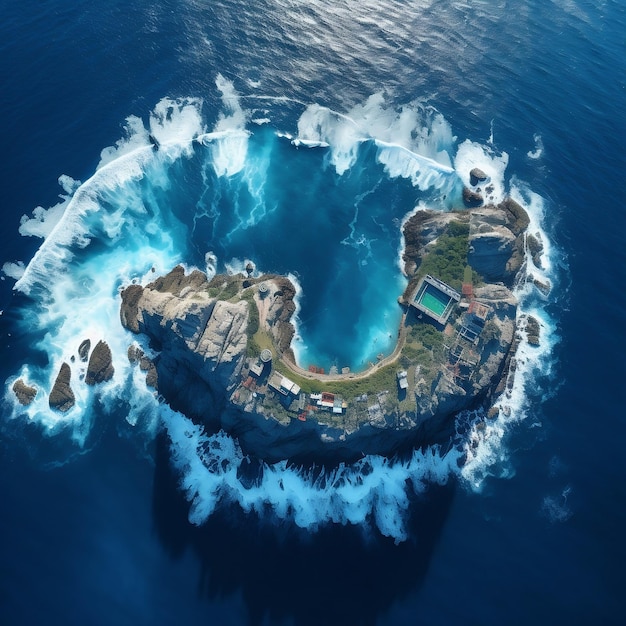 Island Vista Aerial Drone View of Small Island with Football Stadium Rolling Waves and Rocky Coast Generative AI