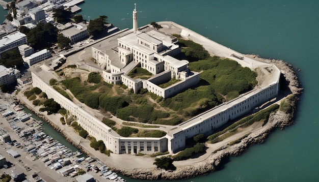 an island with a building that has a tower on top of it