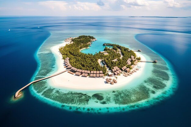 Photo an island with huts and a bridge in the middle of the ocean