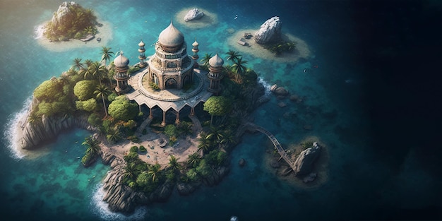 An island with a mosque in the middle of the ocean