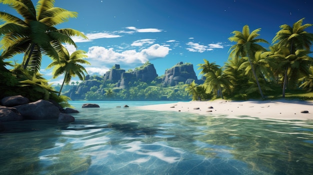 An island with palm trees and crystal clear water photorealistic HD 4K