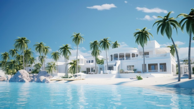 An island with palm trees and luxurious white villas photorealistic HD 4K