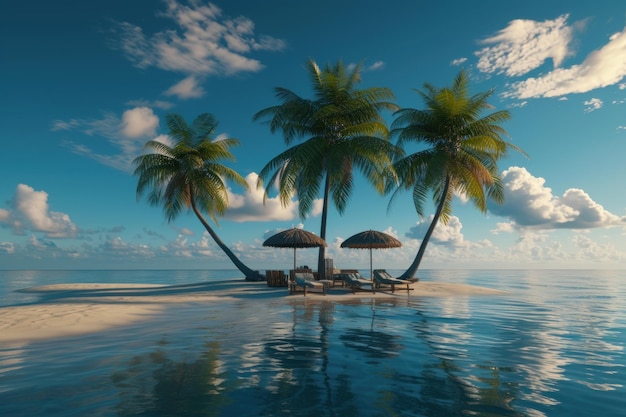 Остров с пальмами, зонтиками, креслами на пляже.