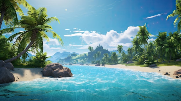 An island with palm trees and a view of the horizon photorealistic HD 4K