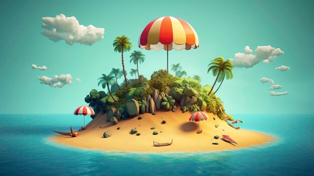 An island with umbrellas and palm trees on it