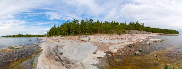 Islands in Lake Ladoga. Beautiful landscape - water, pines and boulders.