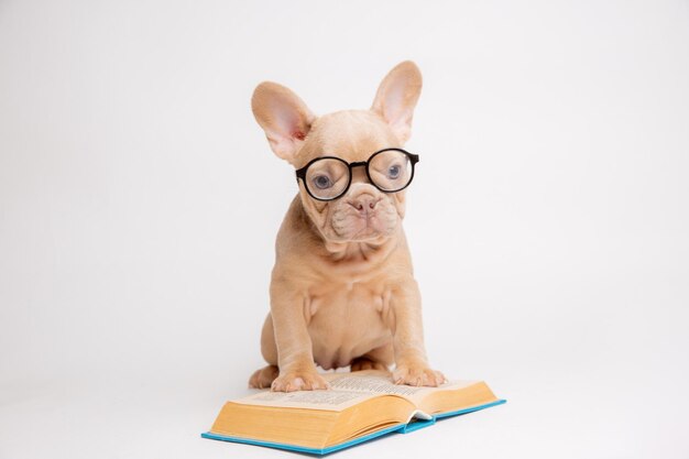 an isobelcolored French bulldog puppy with glasses and a book on a white background