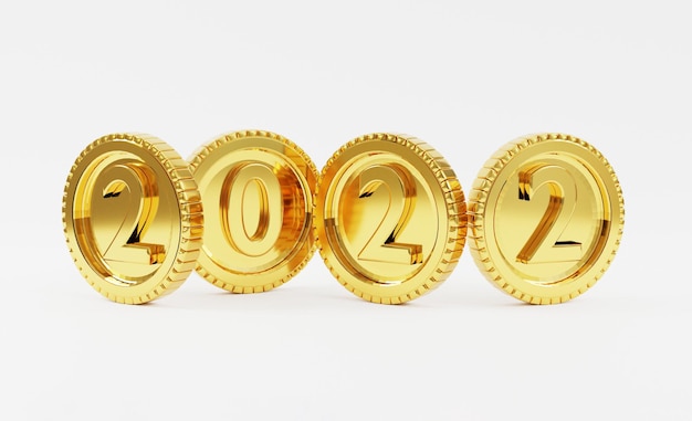 新年の準備のために白い背景の上の金貨で2022年の分離し、3dレンダリングでお金の概念を作ります。