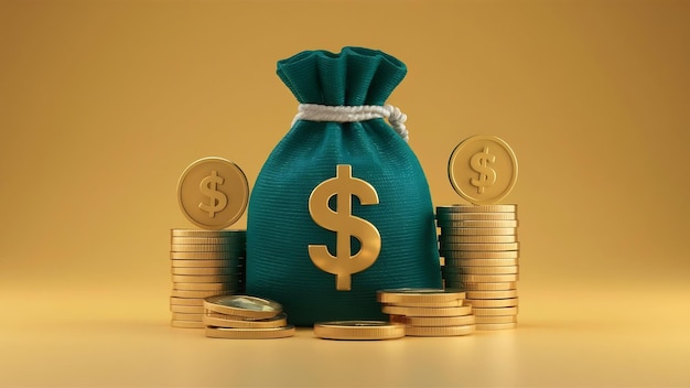 Isolate of green dollar money bag with golden coin stacking for financial saving dividend and depos