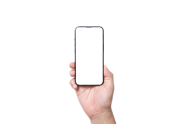 モックアップ広告とソーシャル アイコンのクリッピング パスと白い背景にスマート フォンの空白の画面を持っている手の分離