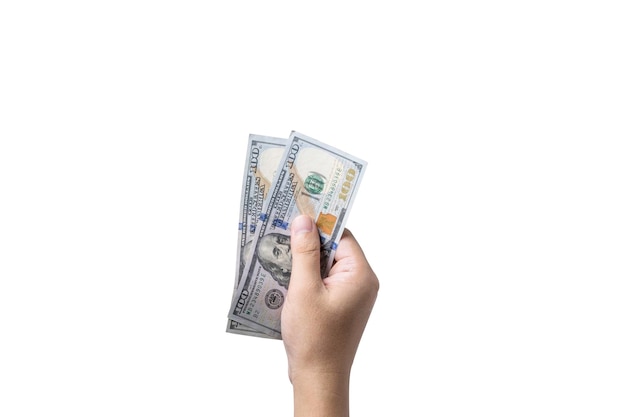 Isolate of hand holding usd one hundred dollar banknote with\
clipping path dollar is the main money which the world use\
exchange