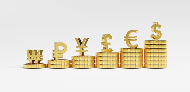 L'isolato della valuta principale sull'aumento dell'impilamento delle monete d'oro include dollaro euro sterlina yen yuan e vinto su sfondo bianco per il concetto di cambio valuta mediante rendering 3d