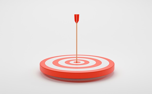 3dレンダリングによるセットアップビジネス目標と達成目標の概念のシンボルの白い背景の矢印とダーツボードの分離