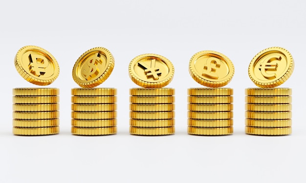Изоляция основной валюты на укладке золотых монет включает доллар, евро, фунт стерлингов, иен, юань и рубль на белом фоне для концепции обмена валюты с помощью 3d-рендеринга