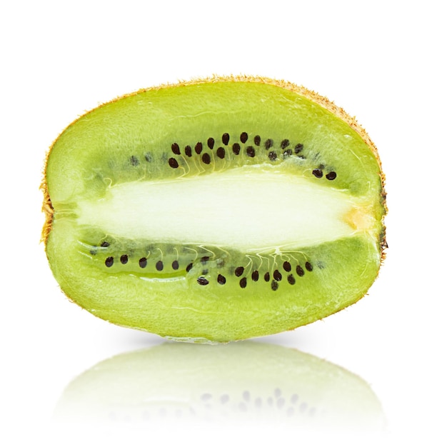 Isolate of a slice of fresh green kiwi on a white background with reflection