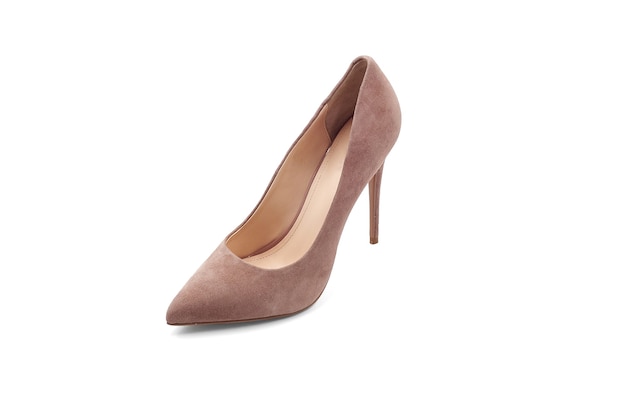 Isolate on a white background women's pale pink fashion high-heeled shoes made of suede leather