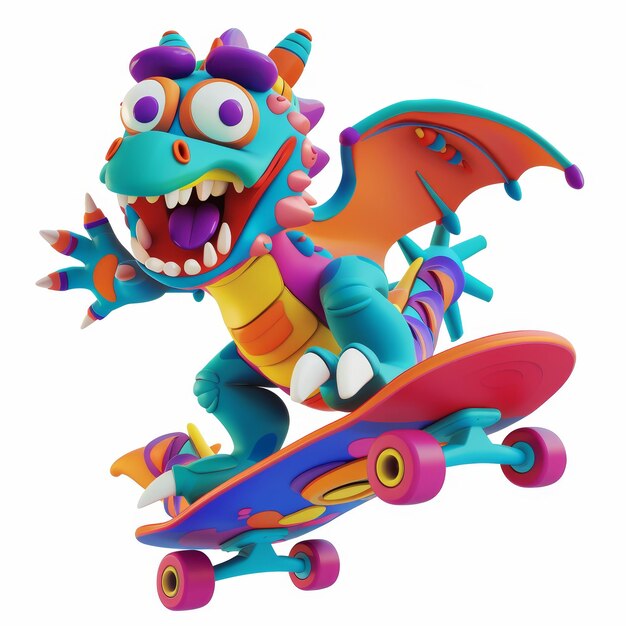 Isolated 3D cartoon skateboarding dragon