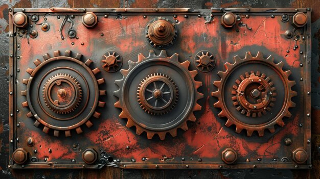 Photo an isolated 3d digital image of a red metal plaque with steampunk gear and a copper border