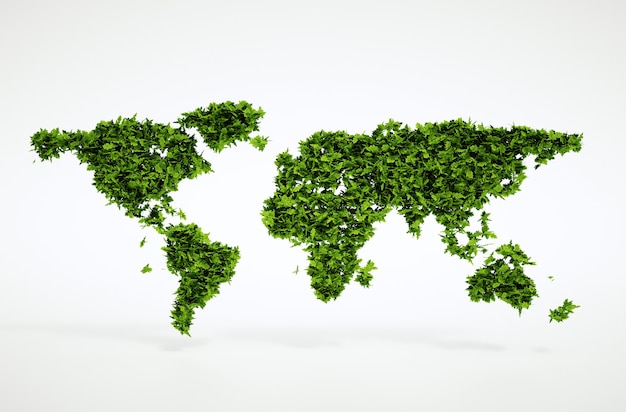 Isolated 3d render natural leaf world continents concept image with white background