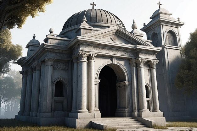 Isolated 3d render of an old victorian mausoleum building in perspective view with white background