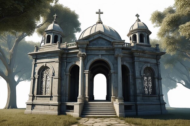 Isolated 3d render of an old victorian mausoleum building in perspective view with white background