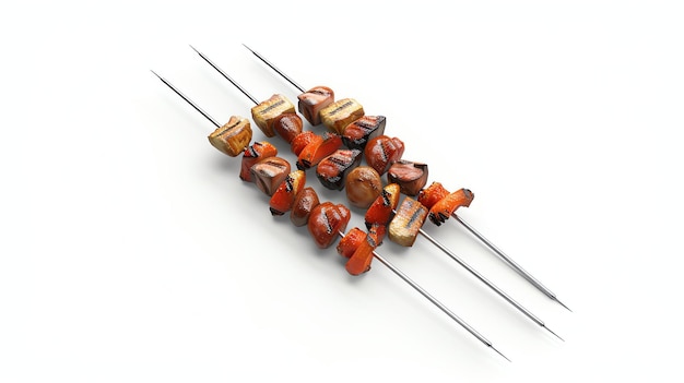 An isolated 3D rendering of a set of three skewers of grilled vegetables and tofu on a white background