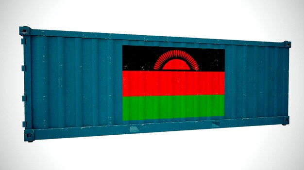 Isolated 3d rendering shipping sea cargo container textured with flag National flag of Malawi