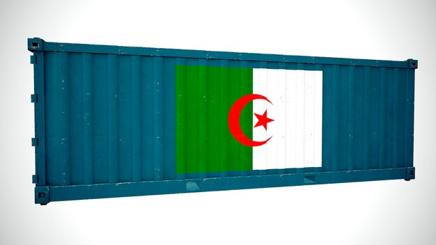 Isolated 3d rendering shipping sea cargo container textured with National flag of Algeria