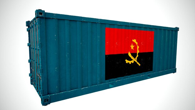 Isolated 3d rendering shipping sea cargo container textured with National flag of Angola