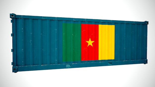 Изолированный 3d-рендеринг морского грузового контейнера с текстурой национального флага Камеруна