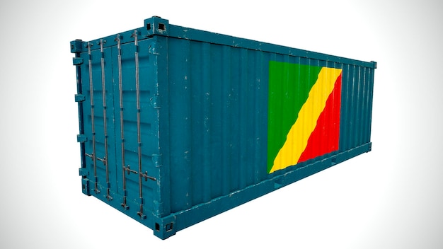 Изолированный 3d-рендеринг морского грузового контейнера с текстурой национального флага Конго Браззавиль