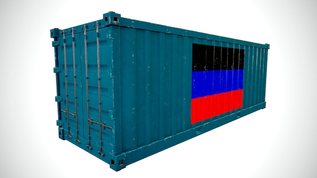 Изолированный 3d-рендеринг морского грузового контейнера с текстурой Государственного флага Донецкой Народной Республики