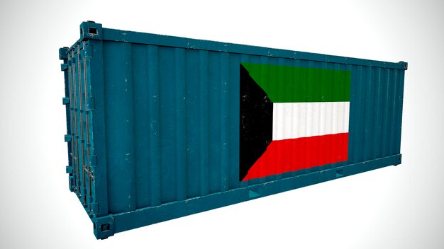 Isolated 3d rendering shipping sea cargo container textured with National flag Flag of Kuwait