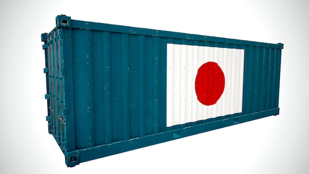 Изолированный 3d-рендеринг морского грузового контейнера с текстурой национального флага Японии
