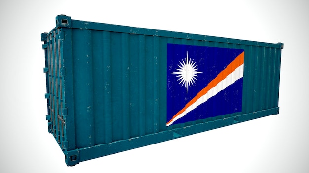 Изолированный 3d-рендеринг морского грузового контейнера с текстурой национального флага Маршалловых островов