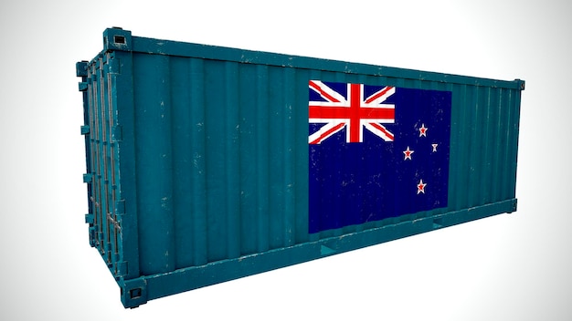 Isolated 3d rendering shipping sea cargo container textured with National flag of New Zealand