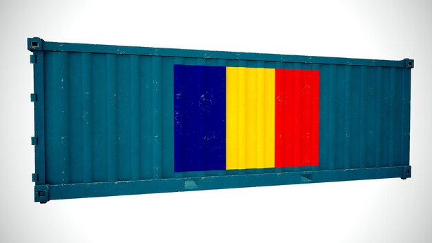 Isolated 3d rendering shipping sea cargo container textured\
with national flag of romania