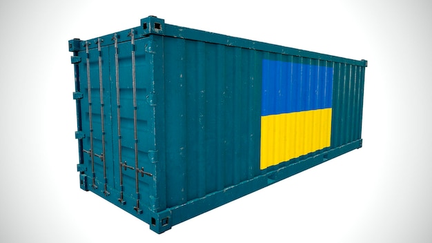 Isolated 3d rendering shipping sea cargo container textured\
with national flag of ukraine