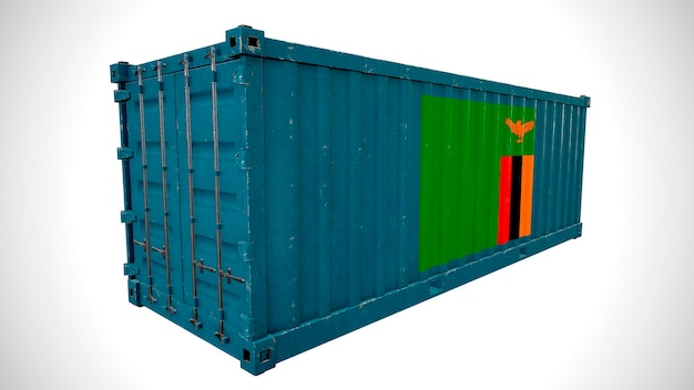 Isolated 3d rendering shipping sea cargo container textured\
with national flag of zambia