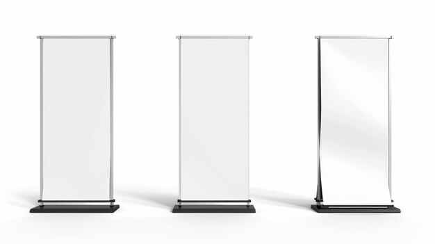 Isolated 3D set of blank advertising stands isolated on white background Modern realistic illustration of trade show booth equipment banner mockup for product presentation pop up poster front and