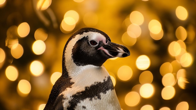 Isolated African penguin with yellow lights in the background Wallpaper