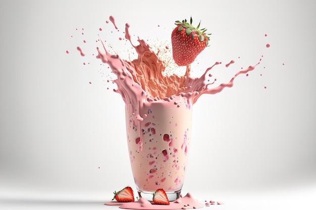 Isolated against a white background fresh strawberry berries are falling into a glass with pink milkshake