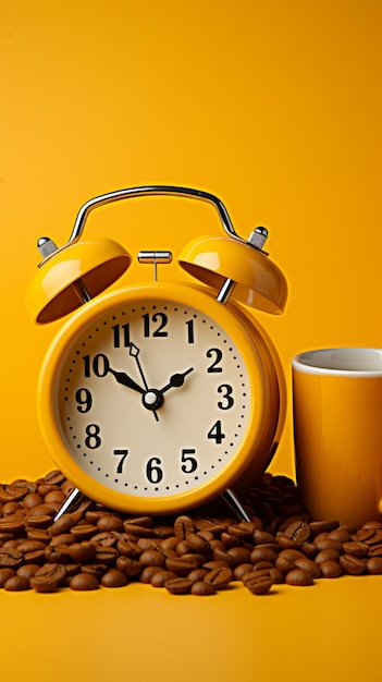 Isolated alarm clock paper cup coffee beans on vibrant yellow background vertical mobile wallpape