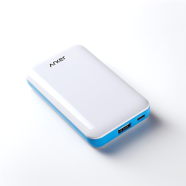 Photo isolated of anker powercore 10000 top down view of the portable power ba on white background clean