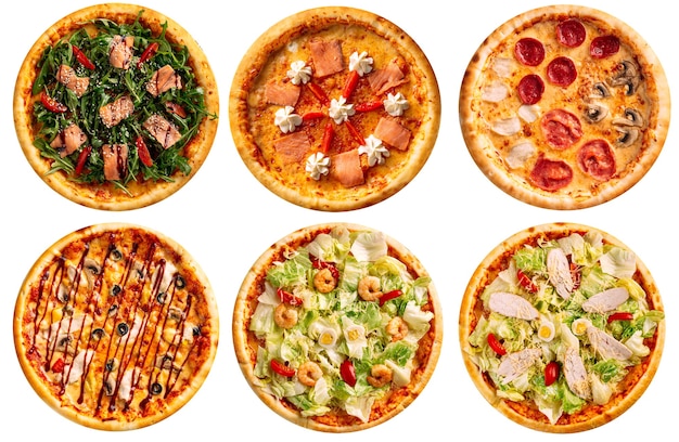 Isolated assorted variety of pizzas collage menu design on the white background