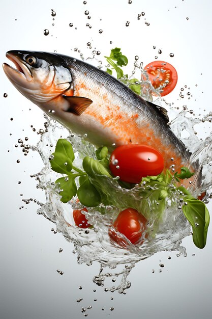 Photo isolated of atlantic salmon with cherry tomatoes and basil leaves floati photo fresh food front