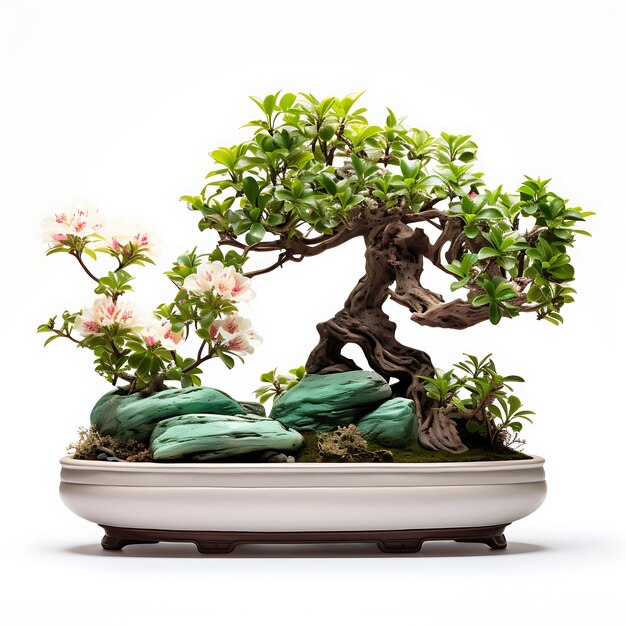 Isolated Azalea Bonsai Jade Pot Oval Leaves Zen Retreat Concept Artis op Wit BG Japan Chinese Kunst