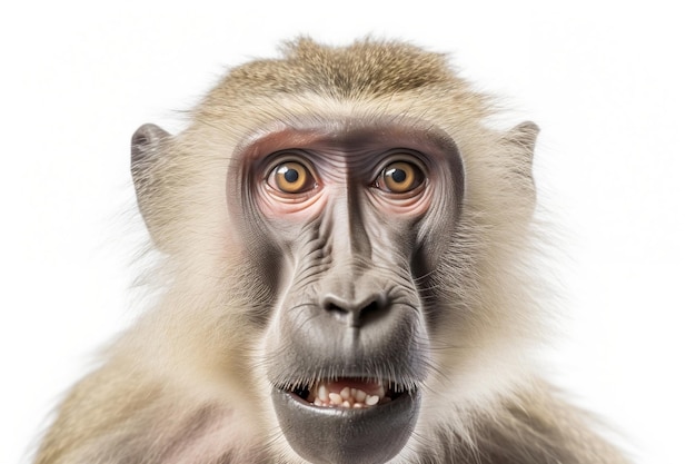 Изолированная обезьяна-бабуин Белый фон лица Генеративный ИИ
