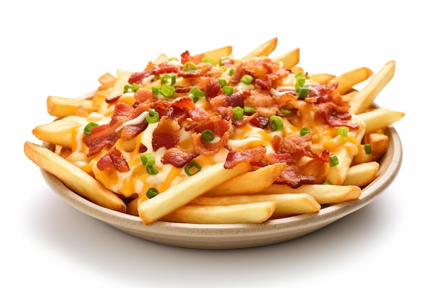 Isolated Bacon Cheese Fries on White Background Generative Ai
